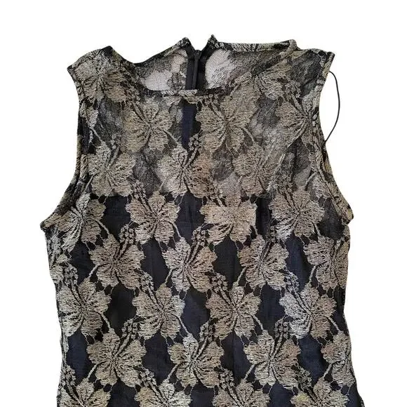 Vintage 1980s Column Dress Sheer Floral Overlay Black Slip Metallic Gold Black 6 - Picture 8 of 9